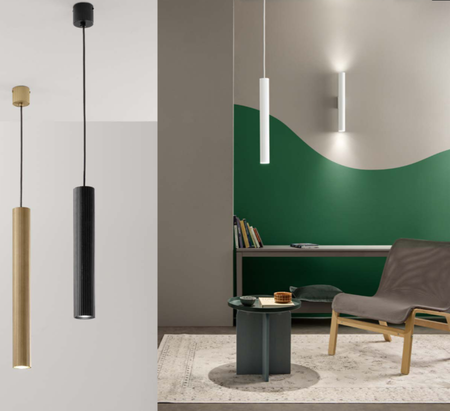 Sospensione rigata in acciaio e alluminio due misure in bianco-nero-oro 1XGU10 non incl. LORD Sospensione rigata in acciaio e alluminio due misure in bianco-nero-oro 1XGU10 non incl. LORD